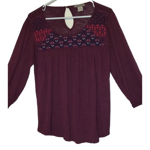 Lucky Brand Peasant Top Shirt BOHO Embroidery SIZE M Medium BURGUNDY Bohemian - Picture 1 of 12